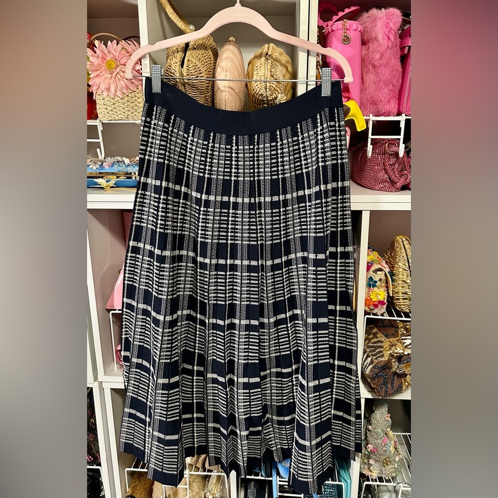 Tory Burch Plaid Pleated Midi Skirt in Navy and Ivory
